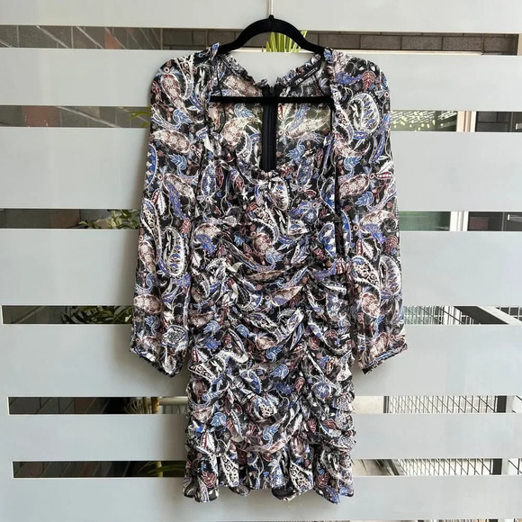 ZARA Paisley Ruched Long Sleeve Mini Dress Size M - Picture 2 of 9